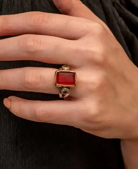 Gümüş Kırmızı Zirkon Taşlı Otantik Kadın Yüzük