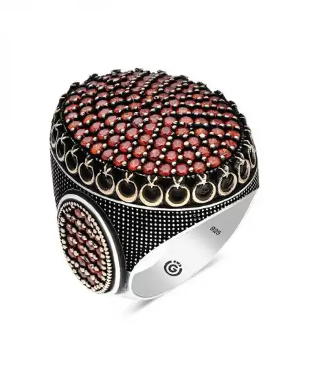 Gümüş Kırmızı Zirkon Taşlı Oval Erkek Yüzük