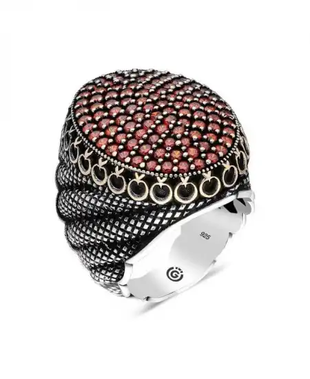 Gümüş Kırmızı Zirkon Taşlı Oval Erkek Yüzük