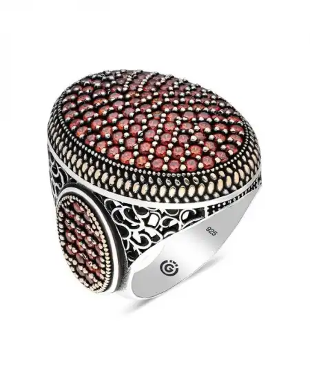 Gümüş Kırmızı Zirkon Taşlı Oval Erkek Yüzük