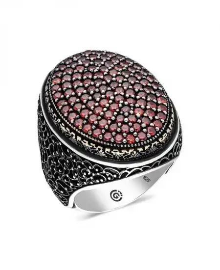 Gümüş Kırmızı Zirkon Taşlı Oval Erkek Yüzük