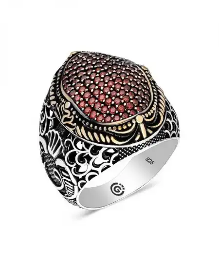 Gümüş Kırmızı Zirkon Taşlı Oval Erkek Yüzük