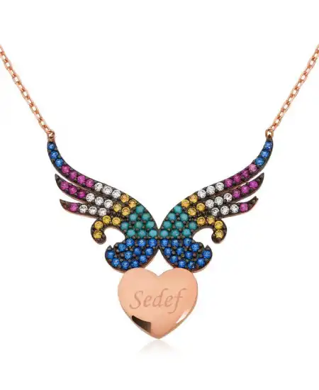 Gümüş Kişiye Özel İsimli Kanatlı Kalp Bayan Kolye