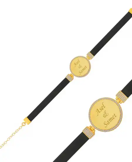 Gümüş Kişiye Özel Siyah Kayışlı Plaka Bileklik