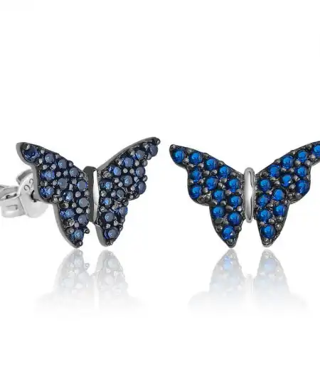 Gümüş Lacivert Kelebek Küpe