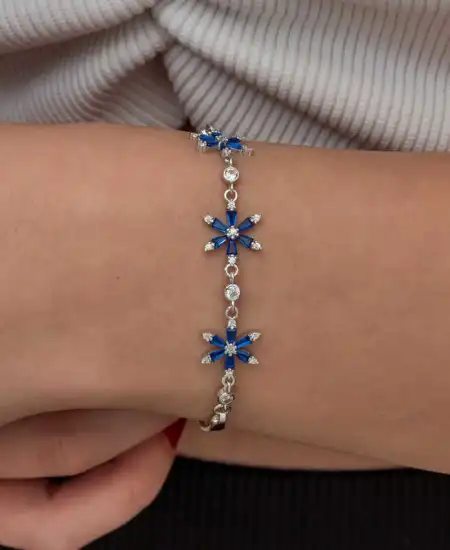 Gümüş Lacivert Lotus Çiçeği Kadın Bileklik