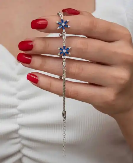 Gümüş Lacivert Lotus Çiçeği Kadın Bileklik