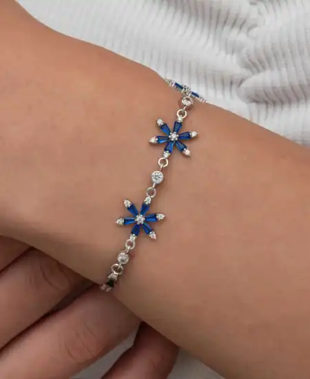 Gümüş Lacivert Lotus Çiçeği Kadın Bileklik