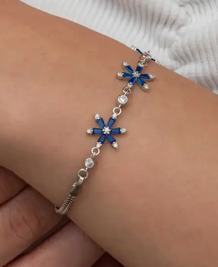 Gümüş Lacivert Lotus Çiçeği Kadın Bileklik