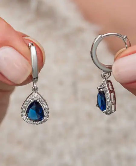 Gümüş Lacivert Zirkon Taşlı Damla Küpe