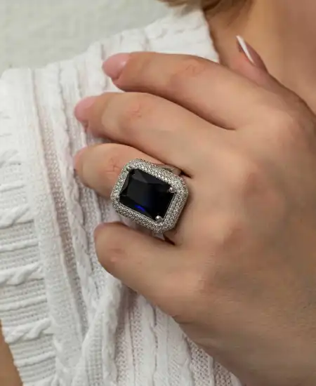 Gümüş Lacivert Zirkon Taşlı Kadın Yüzük