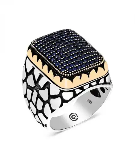 Gümüş Lacivert Zirkon Taşlı Kare Erkek Yüzük