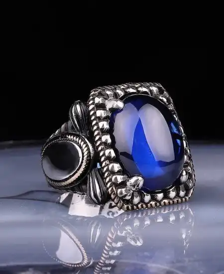 Gümüş Lacivert Zirkon Taşlı Kare Erkek Yüzük