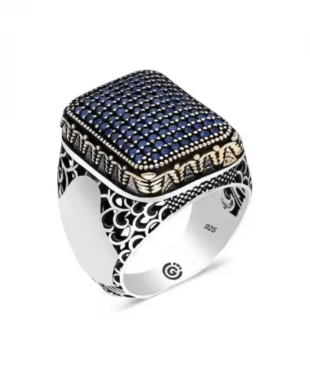 Gümüş Lacivert Zirkon Taşlı Kare Erkek Yüzük