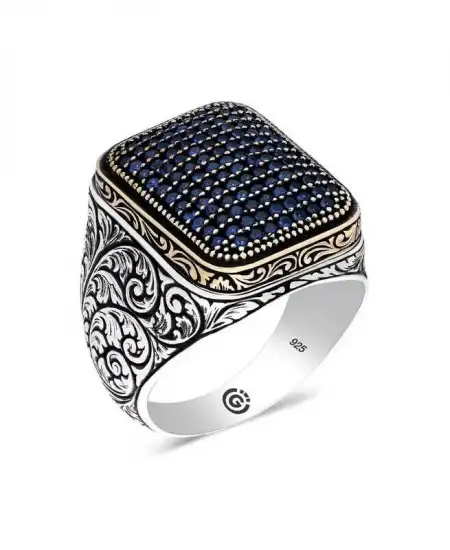 Gümüş Lacivert Zirkon Taşlı Kare Erkek Yüzük