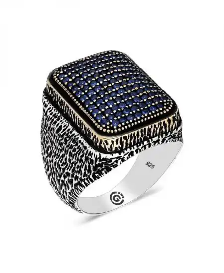 Gümüş Lacivert Zirkon Taşlı Kare Erkek Yüzük