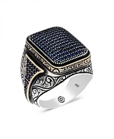 Gümüş Lacivert Zirkon Taşlı Kare Erkek Yüzük