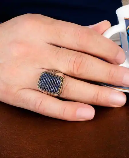 Gümüş Lacivert Zirkon Taşlı Kare Erkek Yüzük