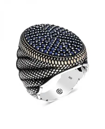 Gümüş Lacivert Zirkon Taşlı Oval Erkek Yüzük