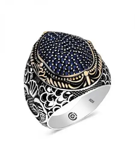 Gümüş Lacivert Zirkon Taşlı Oval Erkek Yüzük