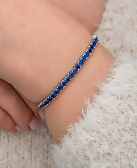 Gümüş Lacivert Zirkon Taşlı Su Yolu Kadın Bilekik