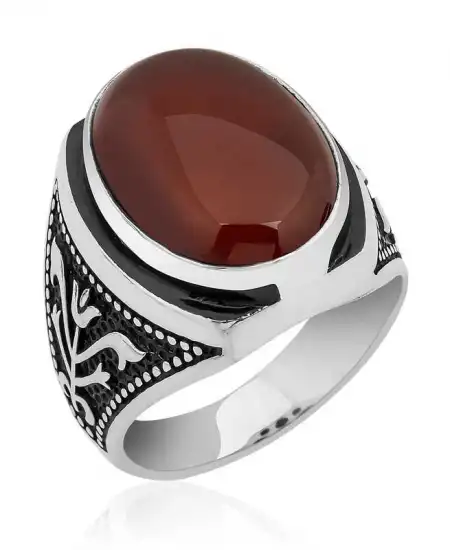 Gümüş Lale İşlemeli Akik Yüzük