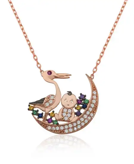 Gümüş Leylek Ve Bebek Bayan Kolye