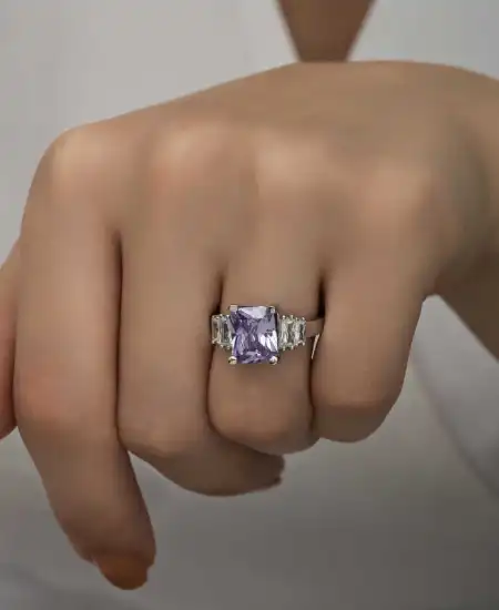 Gümüş Lila Baget Taşlı Bayan Yüzük