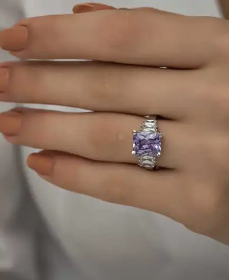 Gümüş Lila Baget Taşlı Bayan Yüzük