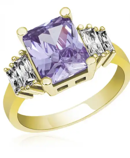 Gümüş Lila Baget Taşlı Gold Bayan Yüzük