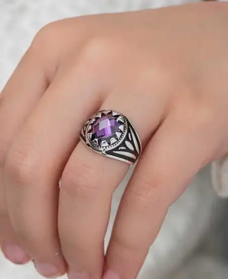 Gümüş Lila Zirkon Taşlı Çocuk Erkek Yüzük