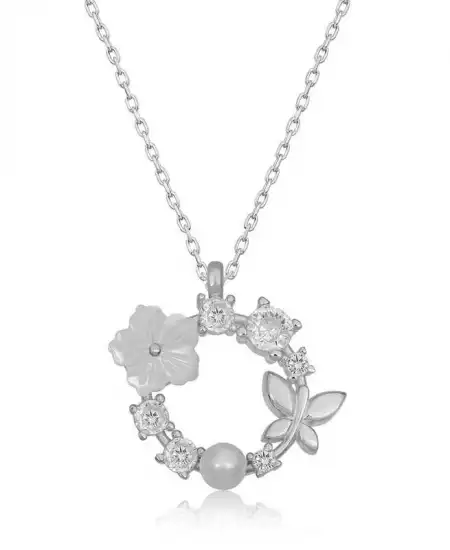 Gümüş Manolya Çiçeği Kelebek Kadın Kolye