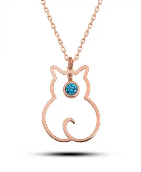 Gümüş Mart Ayı Doğum Taşı Kedi Kadın Kolye