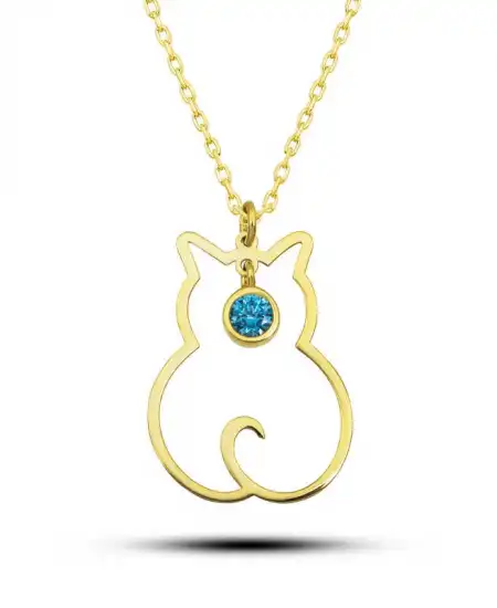 Gümüş Mart Ayı Doğum Taşı Kedi Kadın Kolye