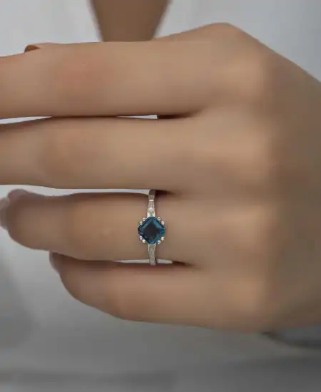 Gümüş Mavi Baget Tek Taş Kadın Yüzük
