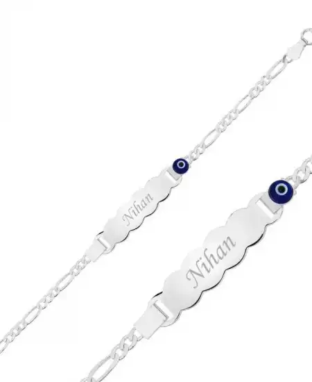 Gümüş Mavi Boncuklu Plaka Çocuk Bileklik