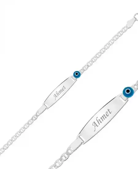 Gümüş Mavi Boncuklu Plaka Çocuk Bileklik