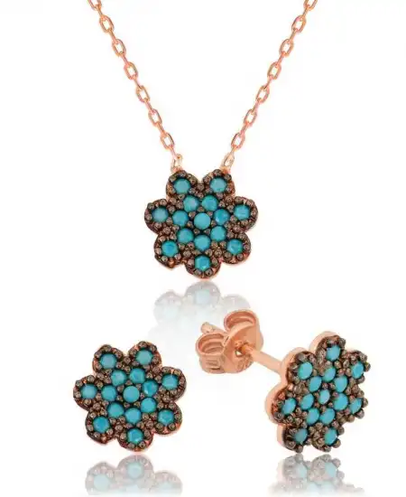 Gümüş Mavi Çiçek Bayan Set