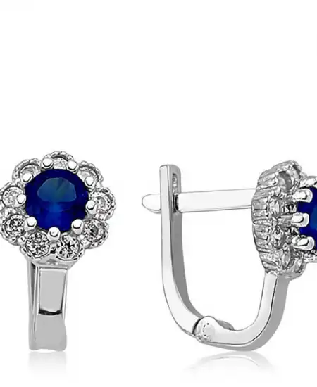 Gümüş Mavi Çiçek Desenli Yuvarlak J Kadın Küpe