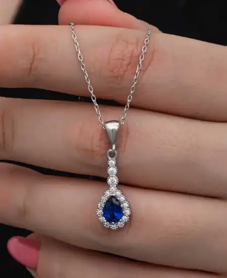 Gümüş Mavi Damla Zirkon Taşlı Kadın Kolye