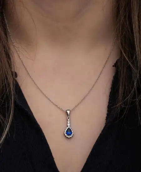 Gümüş Mavi Damla Zirkon Taşlı Kadın Kolye