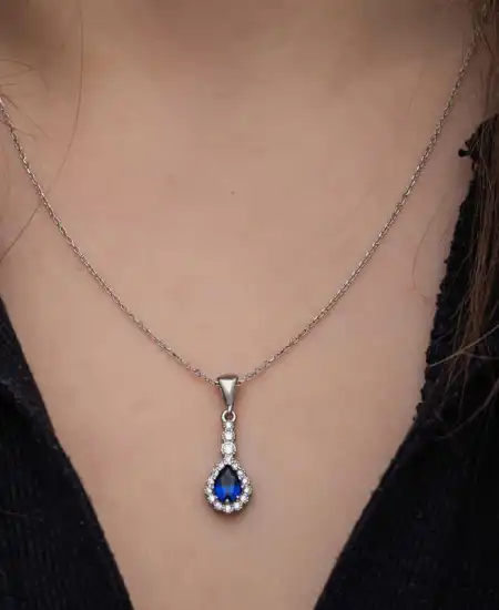 Gümüş Mavi Damla Zirkon Taşlı Kadın Kolye