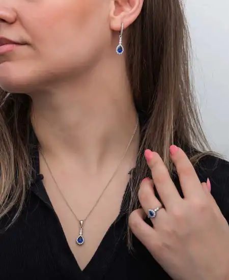 Gümüş Mavi Damla Zirkon Taşlı Kadın Set