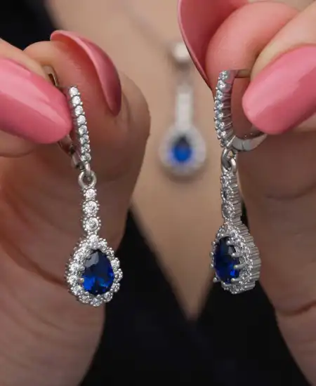 Gümüş Mavi Damla Zirkon Taşlı Kadın Set