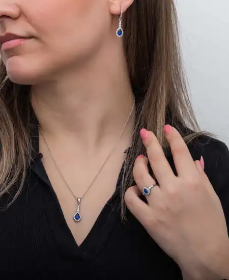 Gümüş Mavi Damla Zirkon Taşlı Kadın Set