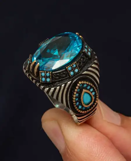 Gümüş Mavi Fasetli Taşlı Erkek Yüzük