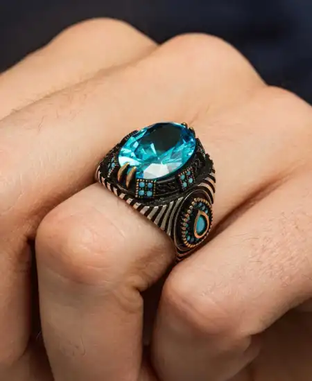 Gümüş Mavi Fasetli Taşlı Erkek Yüzük