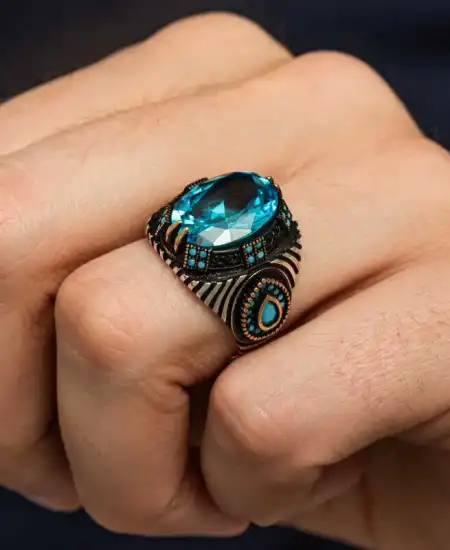 Gümüş Mavi Fasetli Taşlı Erkek Yüzük