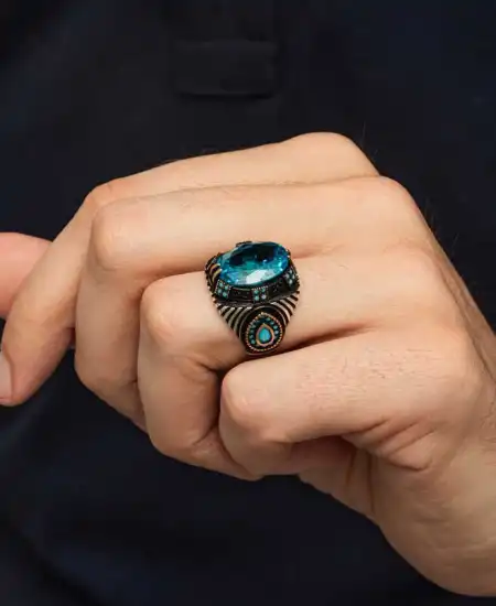 Gümüş Mavi Fasetli Taşlı Erkek Yüzük