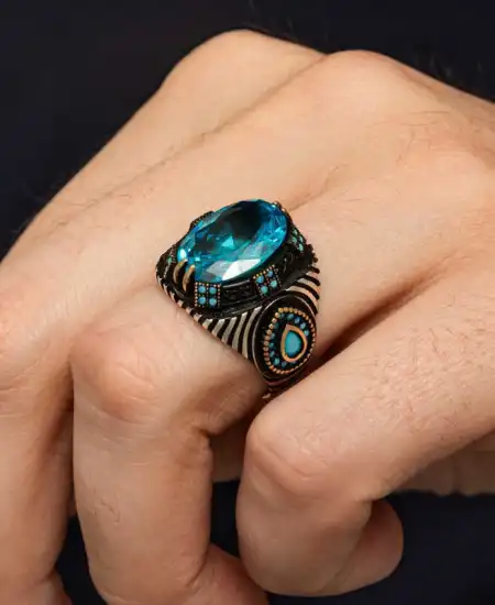 Gümüş Mavi Fasetli Taşlı Erkek Yüzük